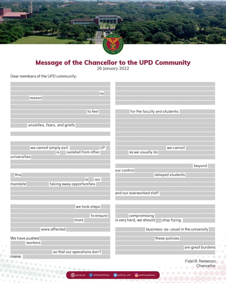 Message of the Chancellor to the UPD Community (Blackout Version)